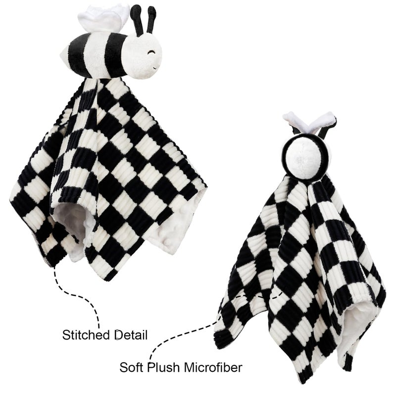 BEILIMU High Contrast Baby Security Blanket for Boys Girls 3D Soft Checkerboard Gingham with Minky Dot Fabric Backing Bee Snuggle Stuffed Animal Lovely Black 14 Inch - Image 3